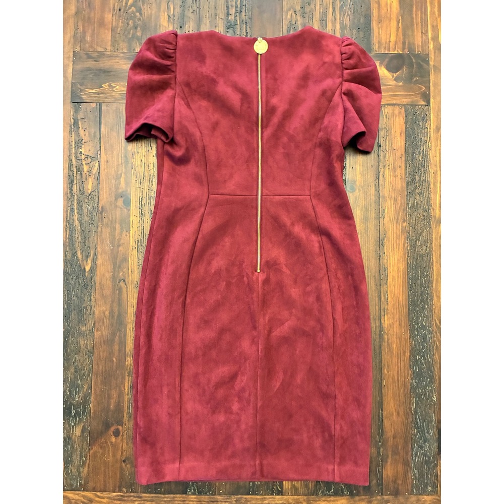 Calvin Klein Burgundy Faux Suede Sheath Dress Puff Sleeves Women's Size 12 Chic - Picture 2 of 4